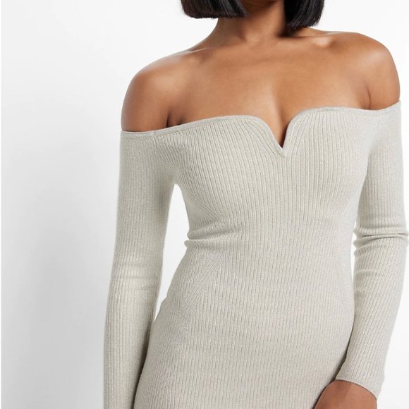 Express Metallic Ribbed Off the Shoulder V-Wire Midi Sweater Dress - Picture 3 of 7